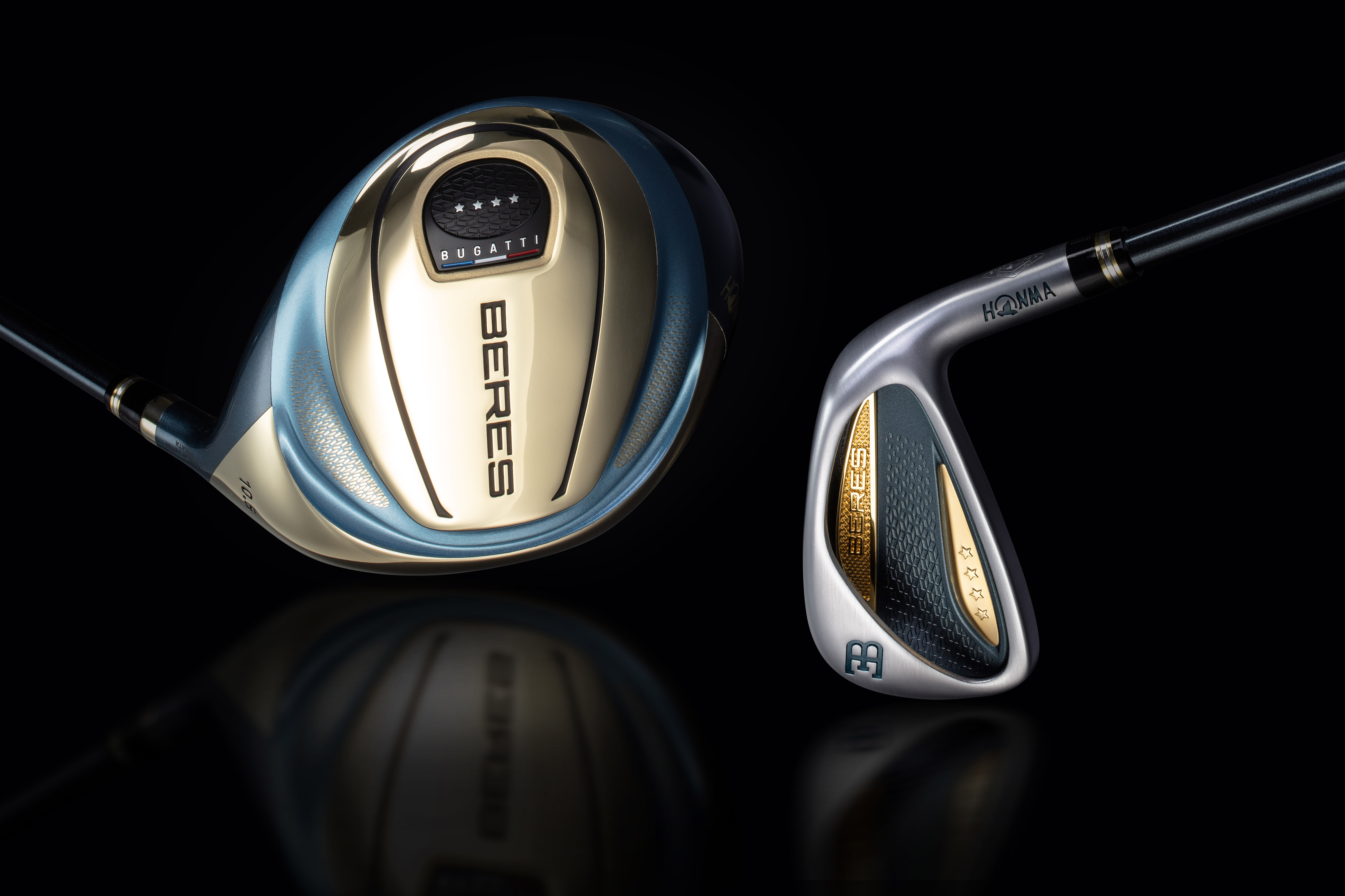 The HONMA x Bugatti collection proudly features the ‘EB’ logo and the French flag on the face of its clubs.