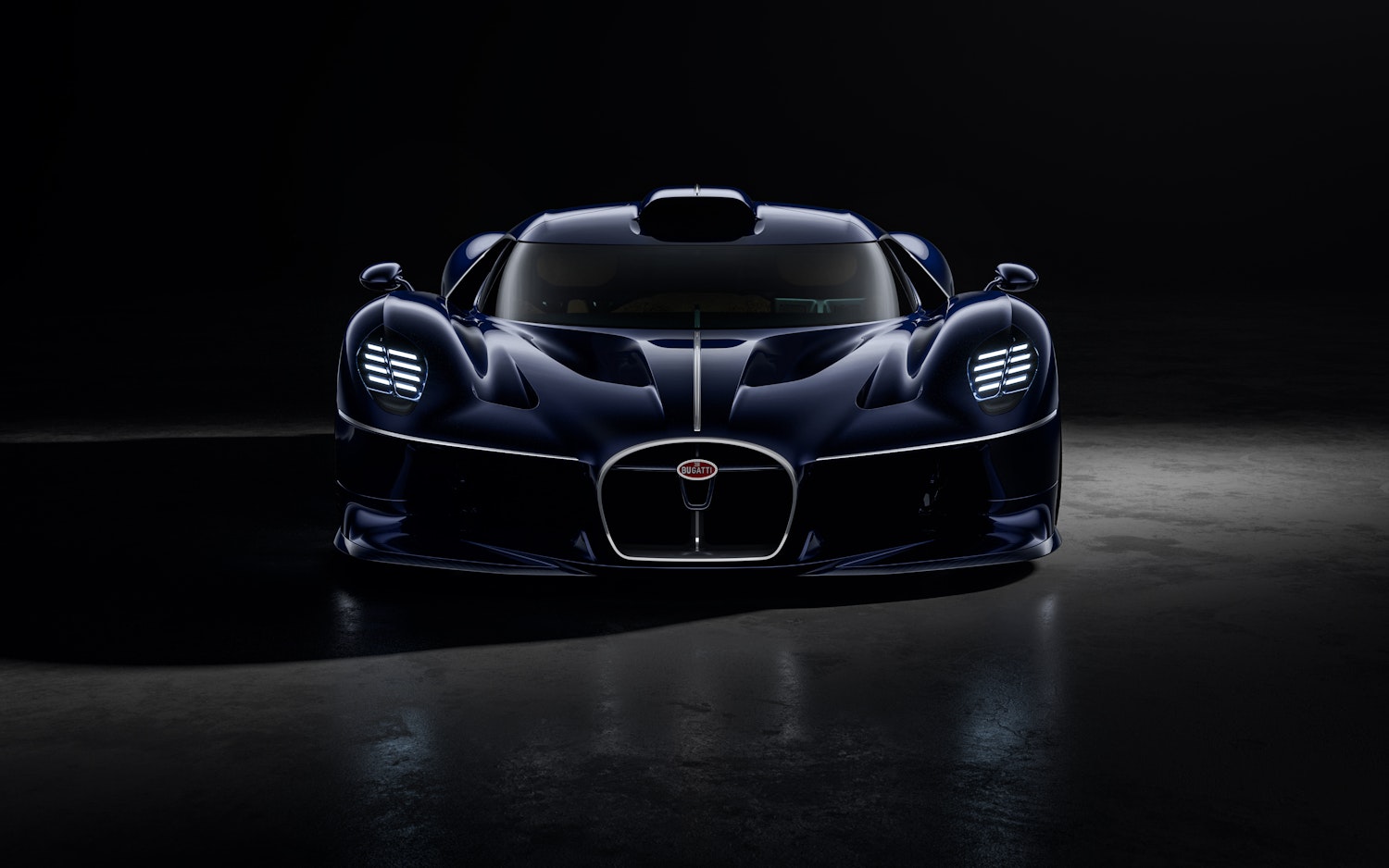 Front view of the Bugatti Destrier showing its wider horseshoe grille and one-meter-tall stance
