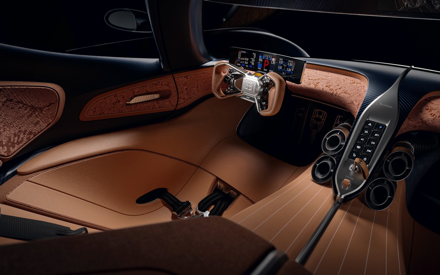 Bugatti Destrier interior with Ambre Voyageur leather, 3D-knitted textile, and hammered brightwork accents