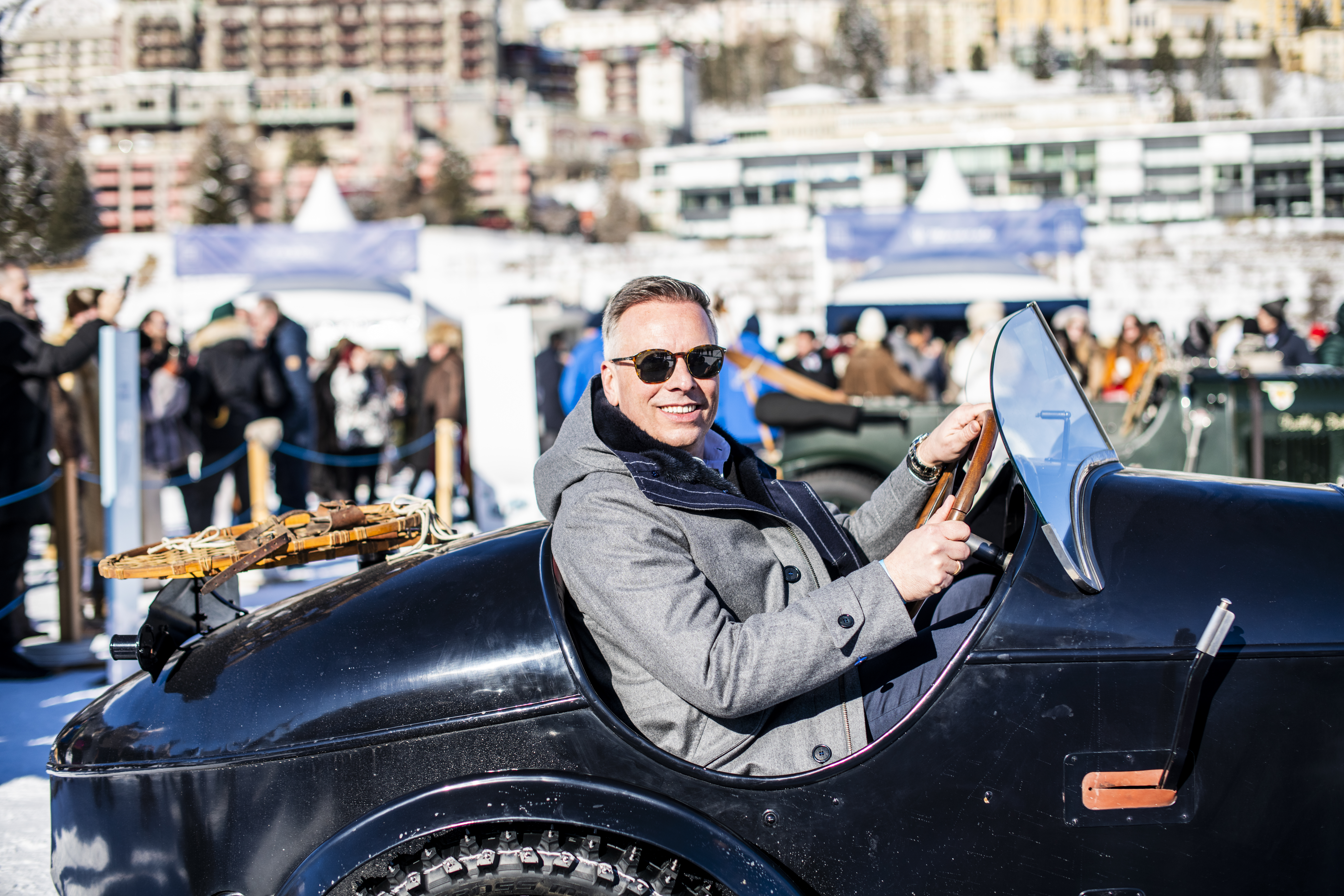 Hendrik A. Malinowski at the wheel of a historic BUGATTI Type 13 at THE I.C.E. St. Moritz, 2026.